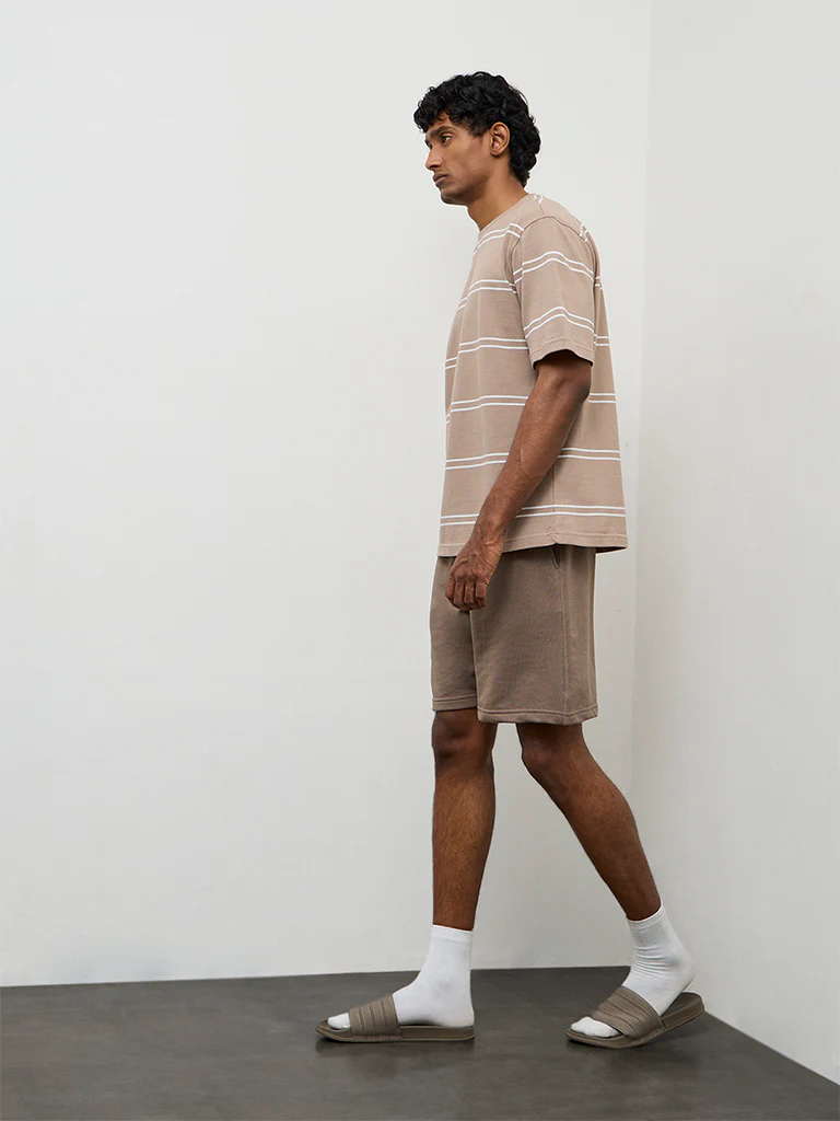 WES Lounge Beige Striped Relaxed-Fit Cotton T-Shirt - Image 2