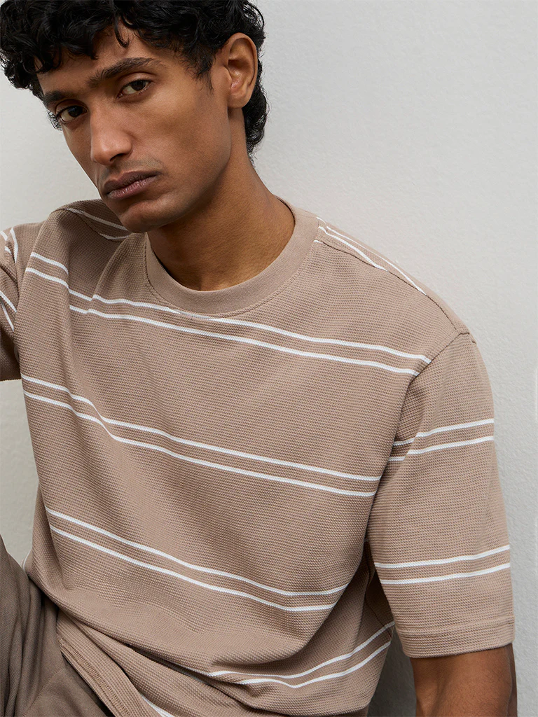 WES Lounge Beige Striped Relaxed-Fit Cotton T-Shirt - Image 3