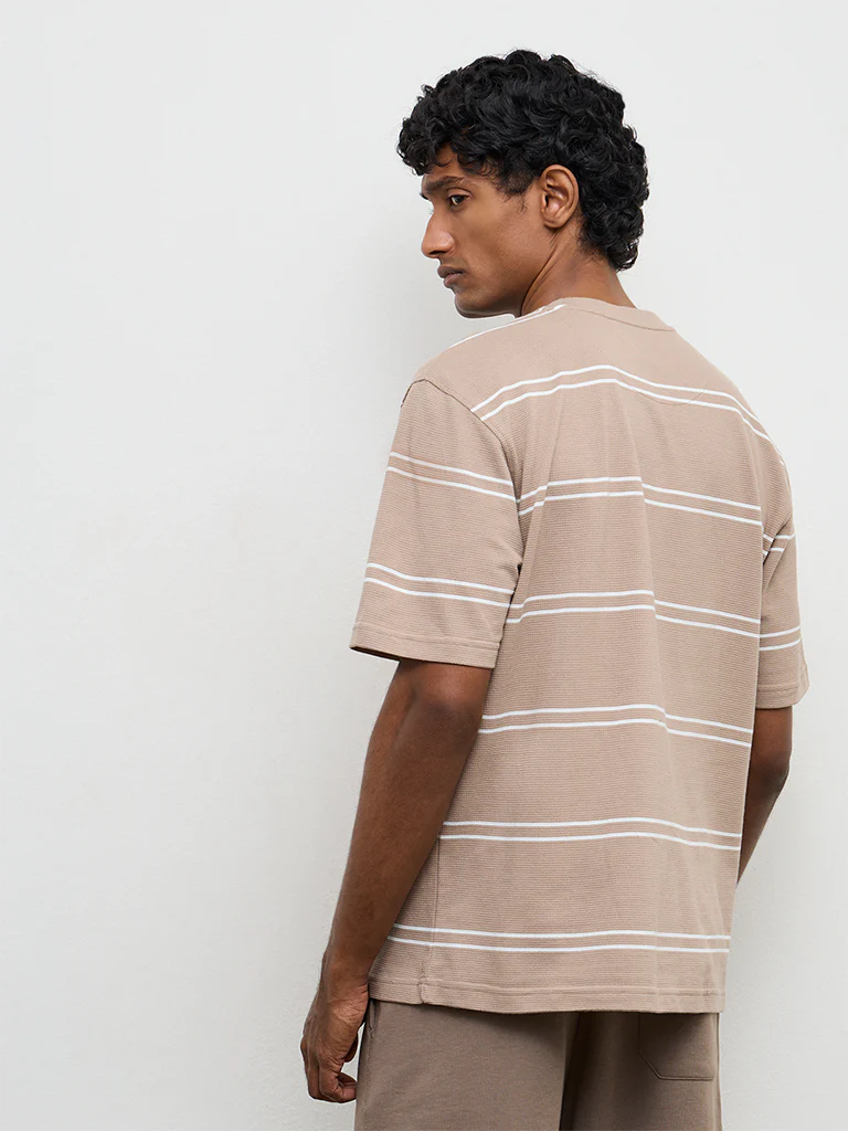 WES Lounge Beige Striped Relaxed-Fit Cotton T-Shirt - Image 4