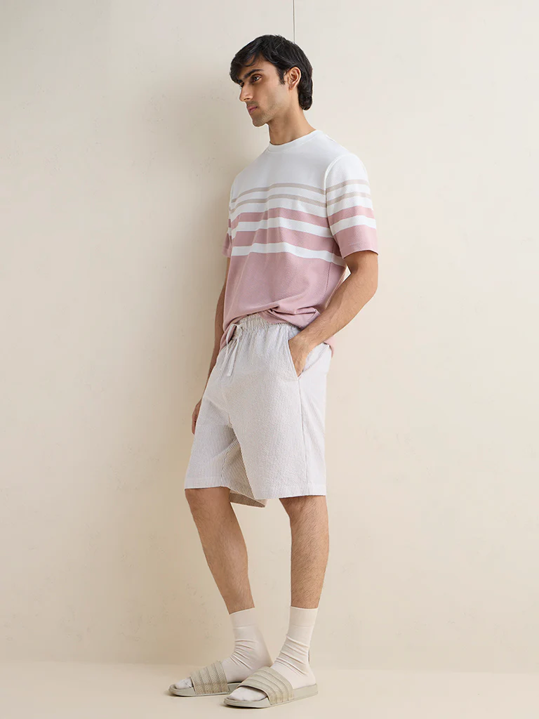 WES Lounge Beige Striped Relaxed-Fit Mid-Rise Cotton Shorts