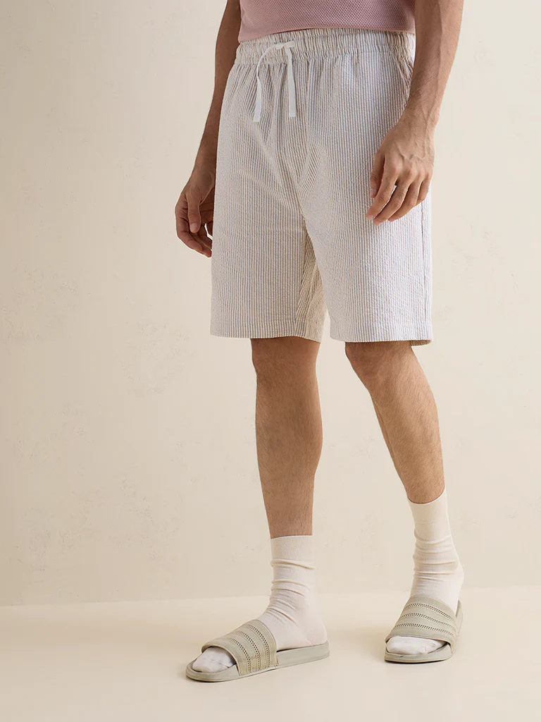 WES Lounge Beige Striped Relaxed-Fit Mid-Rise Cotton Shorts - Image 2