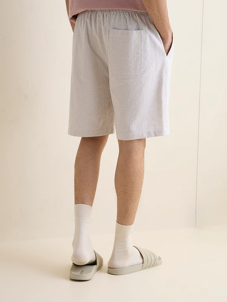 WES Lounge Beige Striped Relaxed-Fit Mid-Rise Cotton Shorts - Image 4
