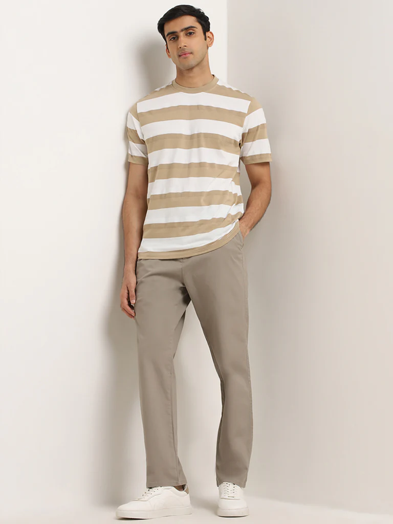 WES Lounge Beige Striped Relaxed-Fit T-Shirt - Image 3