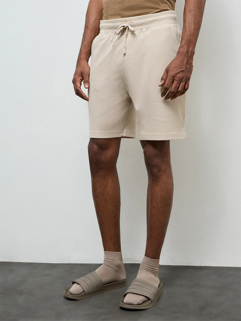 WES Lounge Beige Textured Relaxed-Fit Mid-Rise Cotton-Blend Shorts - Image 3