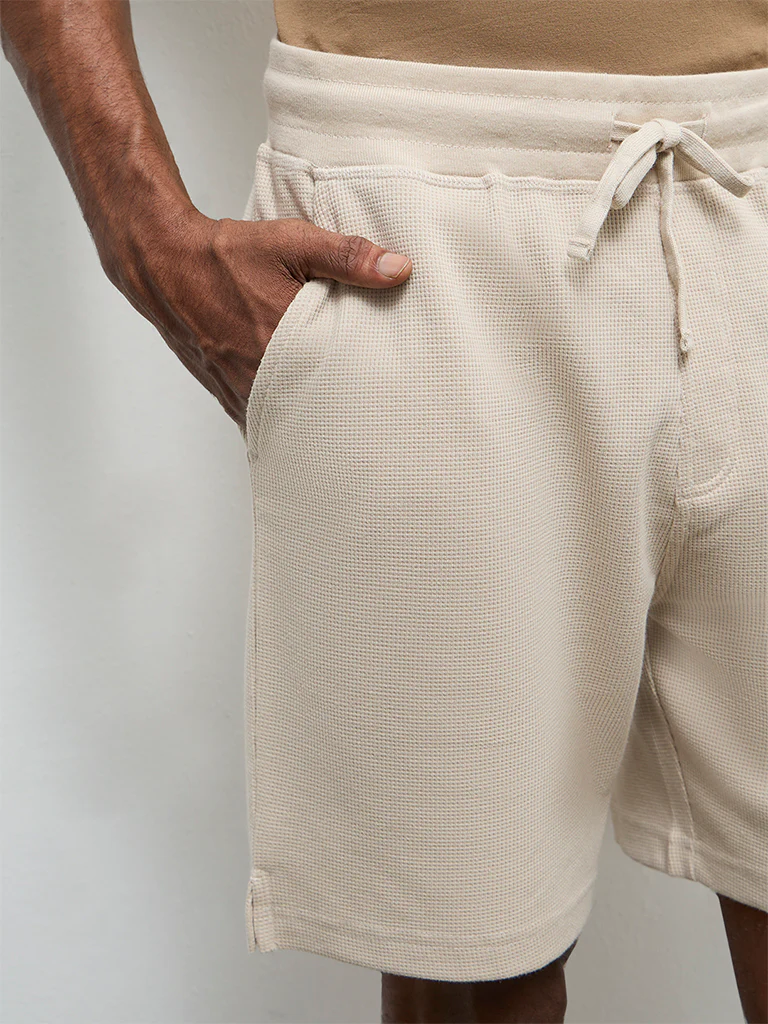 WES Lounge Beige Textured Relaxed-Fit Mid-Rise Cotton-Blend Shorts - Image 4