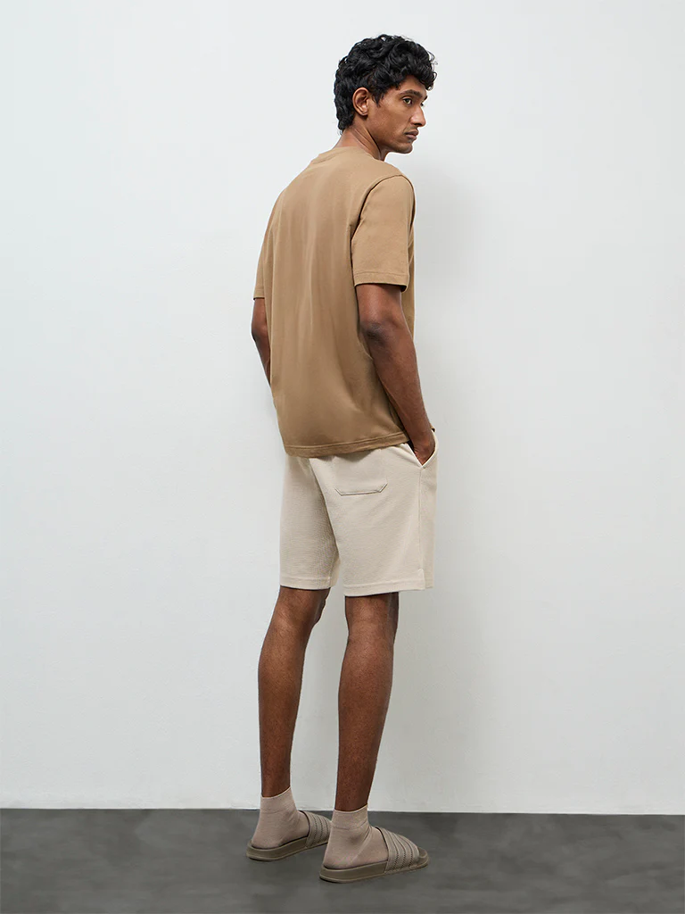 WES Lounge Beige Textured Relaxed-Fit Mid-Rise Cotton-Blend Shorts - Image 5