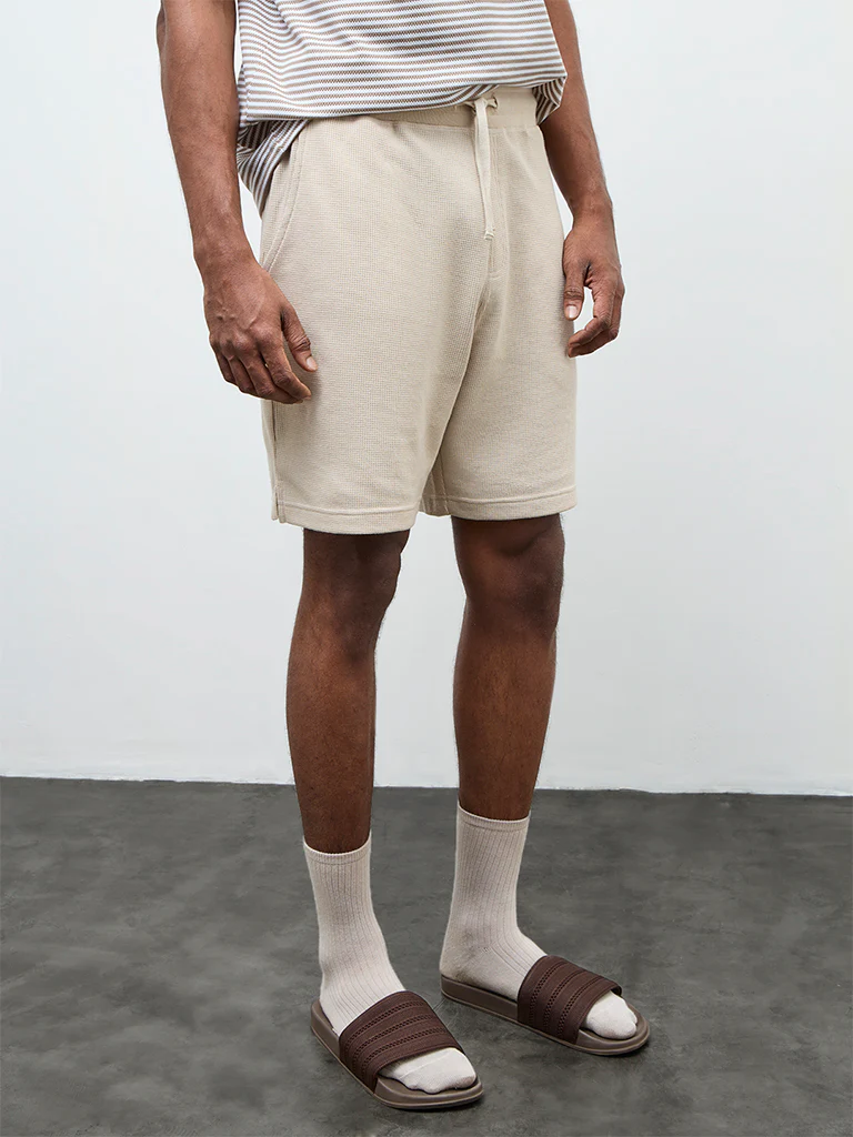 WES Lounge Beige Waffle-Textured Relaxed-Fit Mid-Rise Cotton-Blend Shorts - Image 3