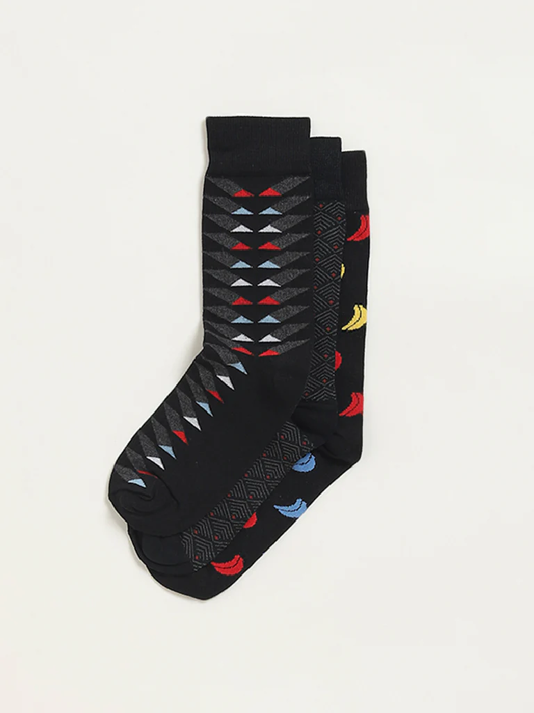 WES Lounge Black Printed Cotton-Blend Full Length Socks - Pack of 3 - Image 2