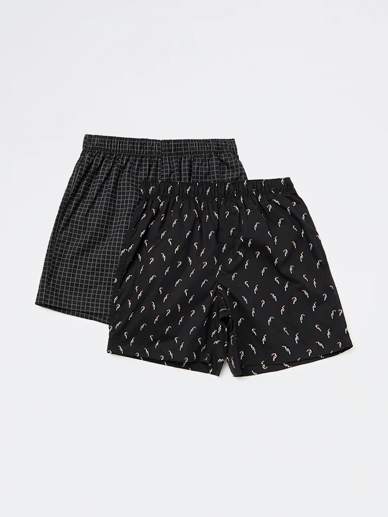 WES Lounge Black Printed Relaxed-Fit Cotton Boxers - Pack of 2