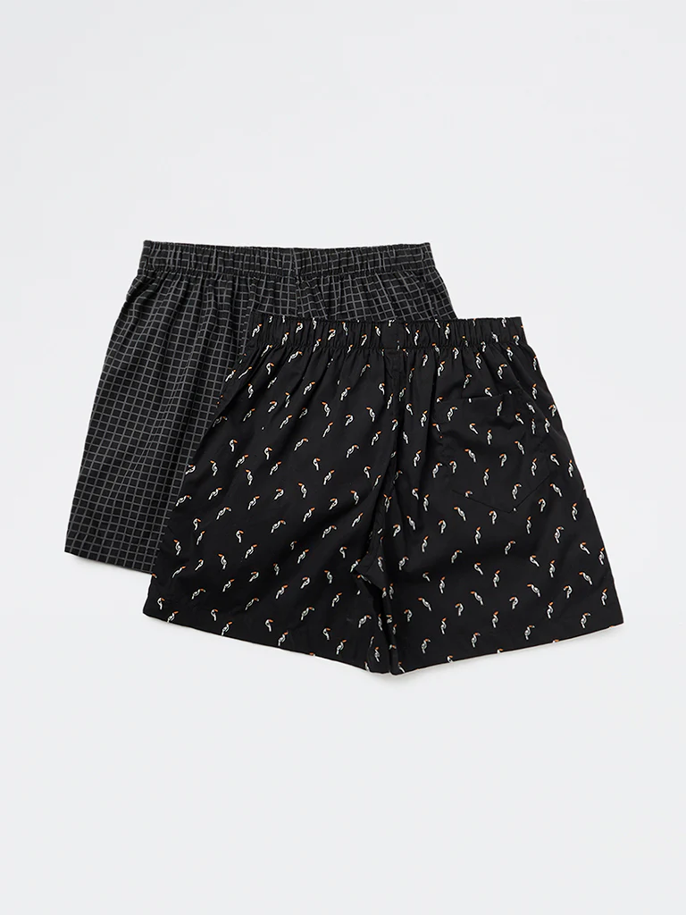 WES Lounge Black Printed Relaxed-Fit Cotton Boxers - Pack of 2 - Image 2