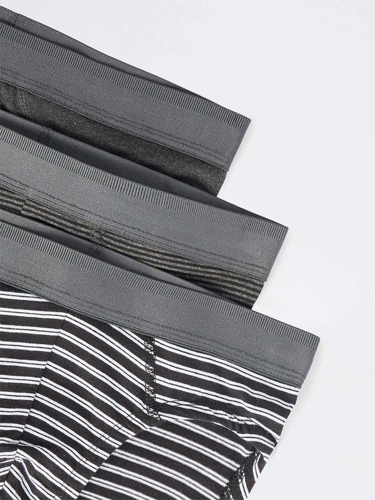 WES Lounge Black Striped Cotton-Blend Briefs - Pack of 3 - Image 4