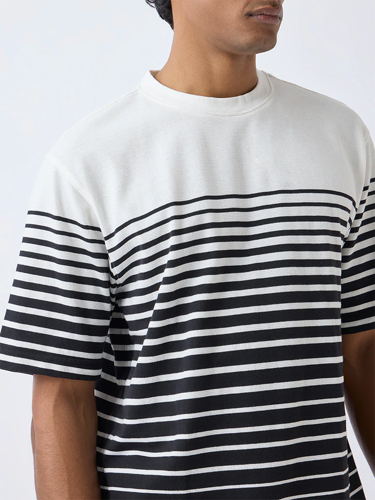WES Lounge Black Striped Relaxed-Fit Cotton-Blend T-Shirt - Image 3