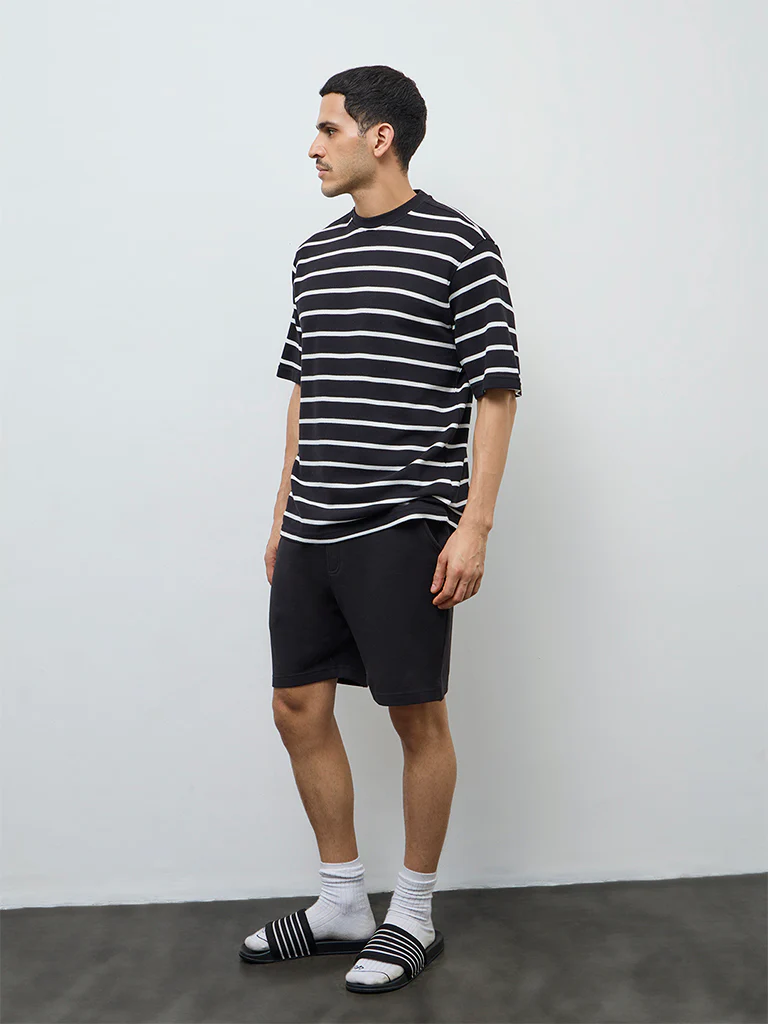 WES Lounge Black Striped Relaxed-Fit Cotton-Blend T-Shirt - Image 2