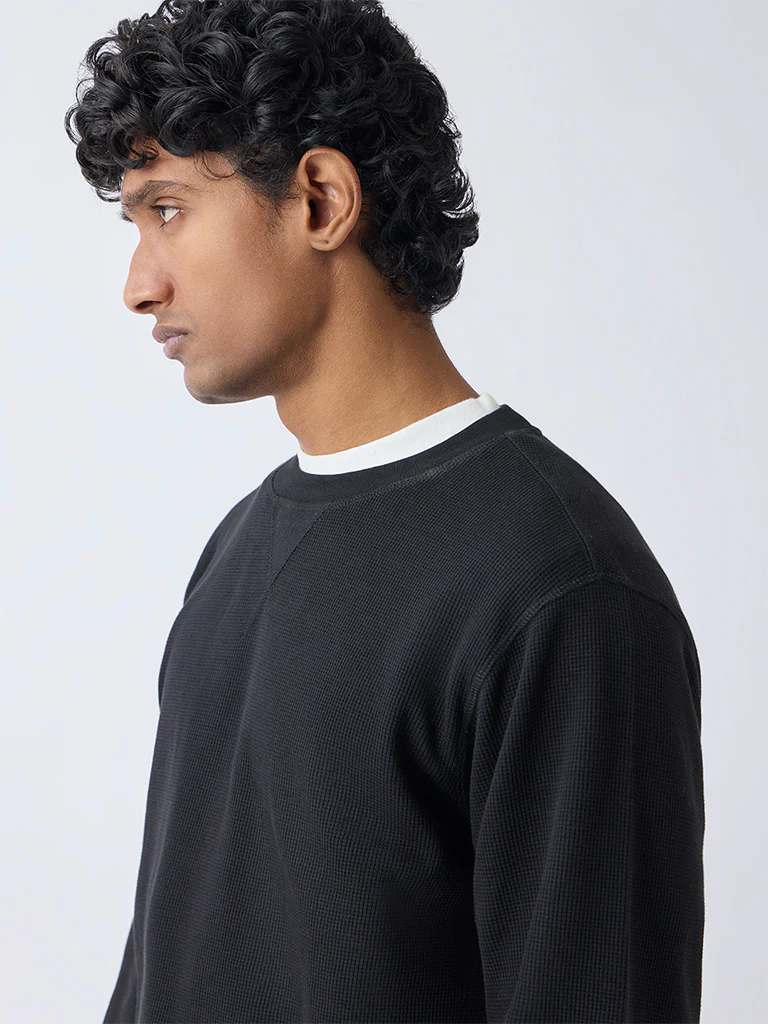 WES Lounge Black Textured Relaxed-Fit Cotton-Blend Sweatshirt - Image 3