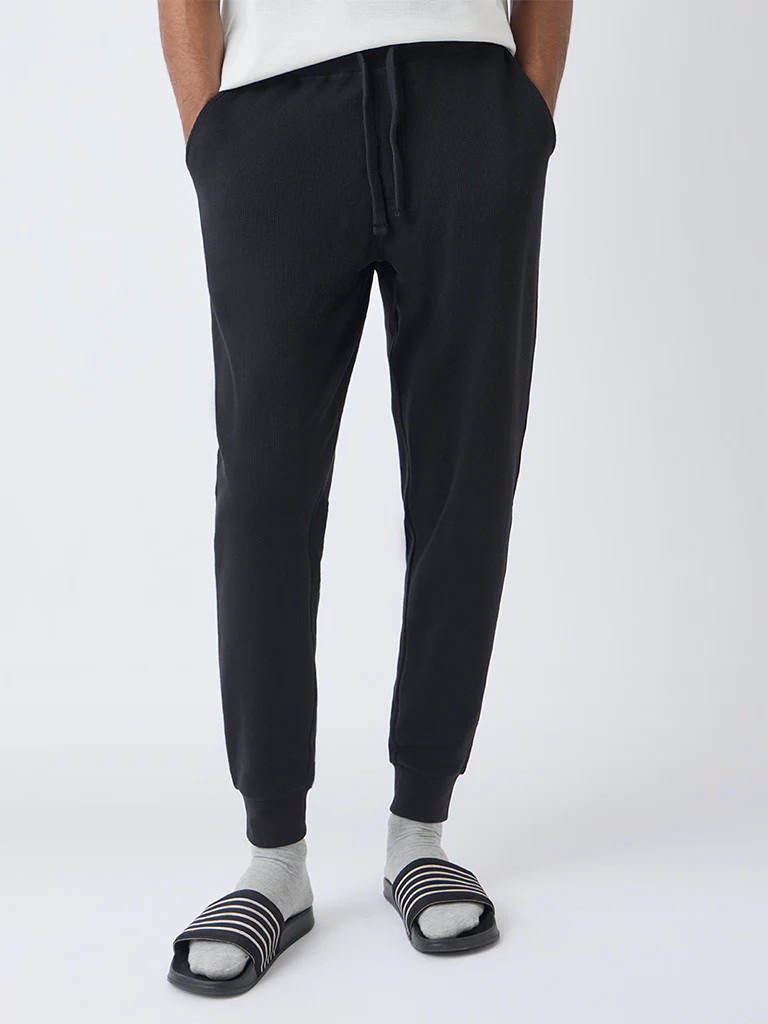 WES Lounge Black Waffle-Textured Relaxed-Fit Mid-Rise Cotton-Blend Joggers - Image 3