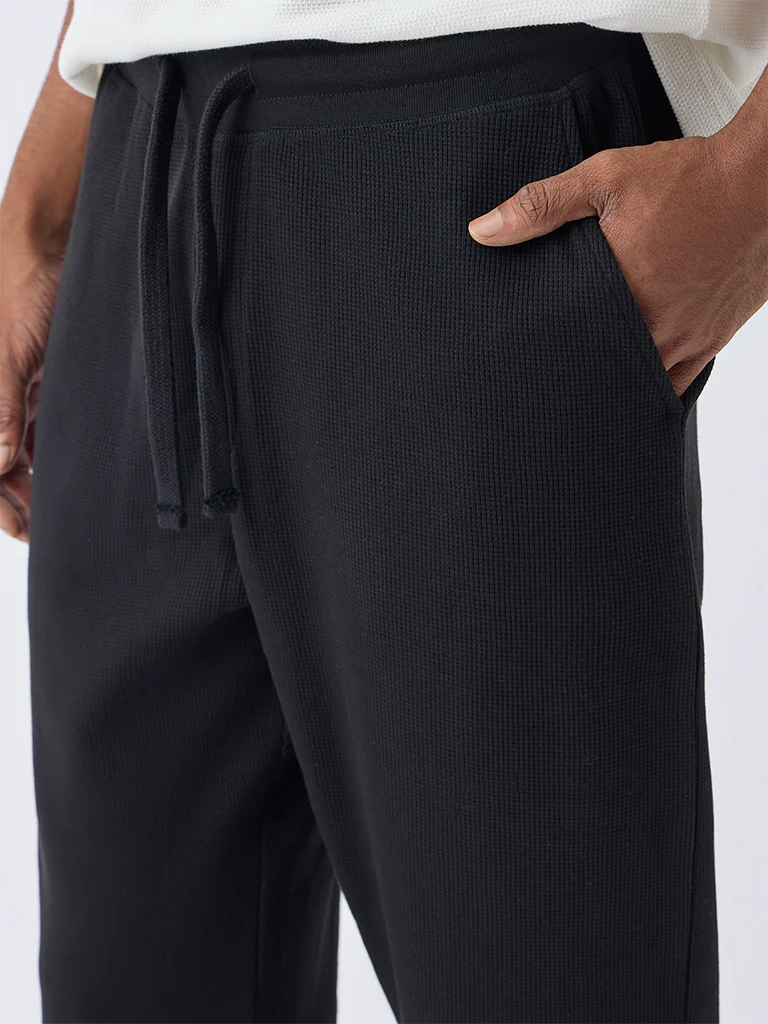 WES Lounge Black Waffle-Textured Relaxed-Fit Mid-Rise Cotton-Blend Joggers - Image 4