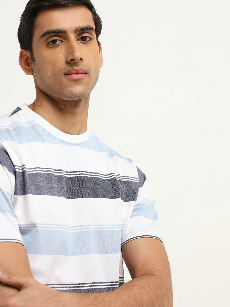 WES Lounge Blue Cotton-Blend Relaxed Fit T-Shirt - Image 2