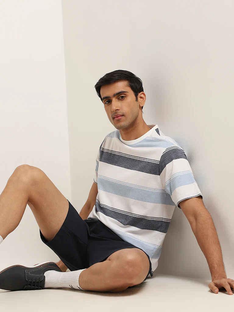 WES Lounge Blue Cotton-Blend Relaxed Fit T-Shirt - Image 3