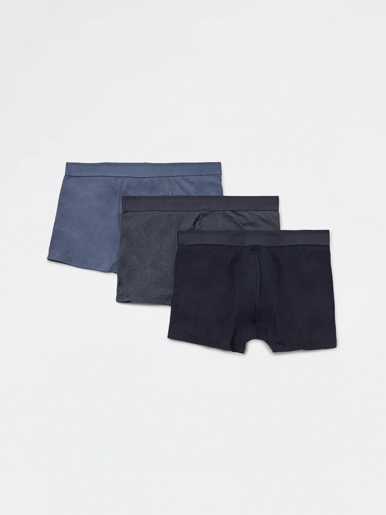 WES Lounge Blue Solid Cotton-Blend Trunks - Pack of 3