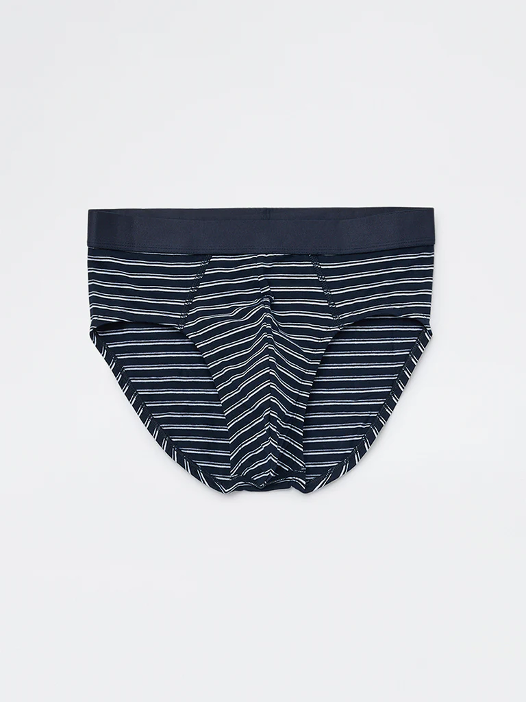 WES Lounge Blue Striped Cotton-Blend Briefs - Pack of 3 - Image 3