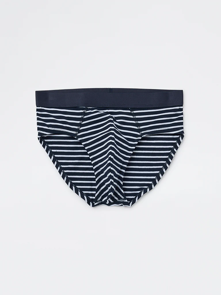 WES Lounge Blue Striped Cotton-Blend Briefs - Pack of 3 - Image 3