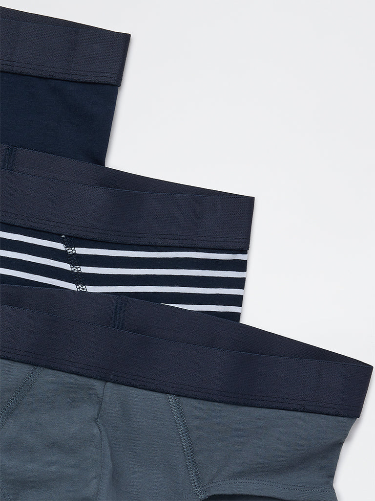 WES Lounge Blue Striped Cotton-Blend Briefs - Pack of 3 - Image 4