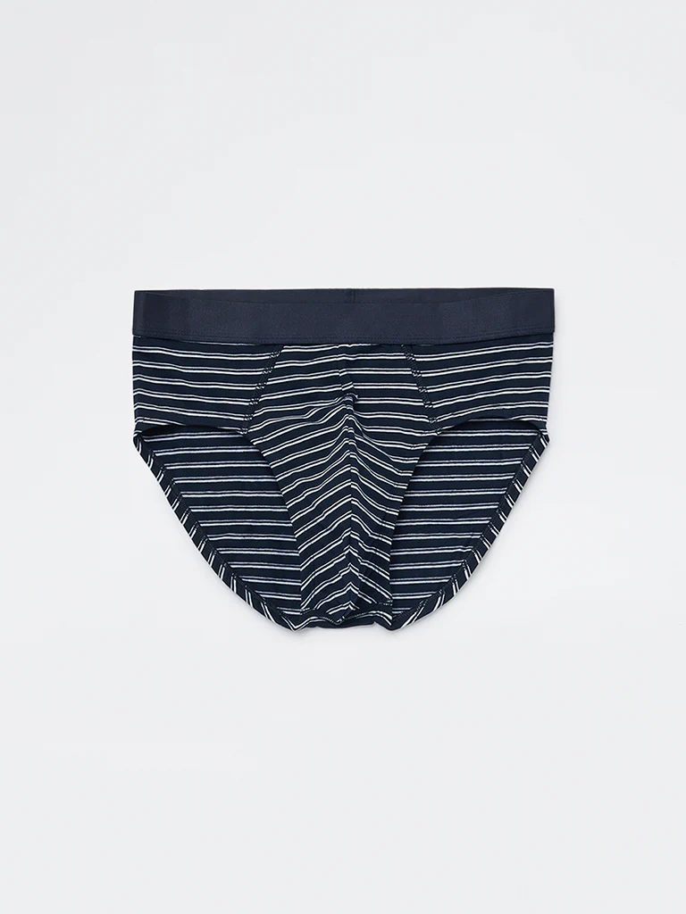WES Lounge Blue Striped Cotton-Blend Briefs - Pack of 3 - Image 3