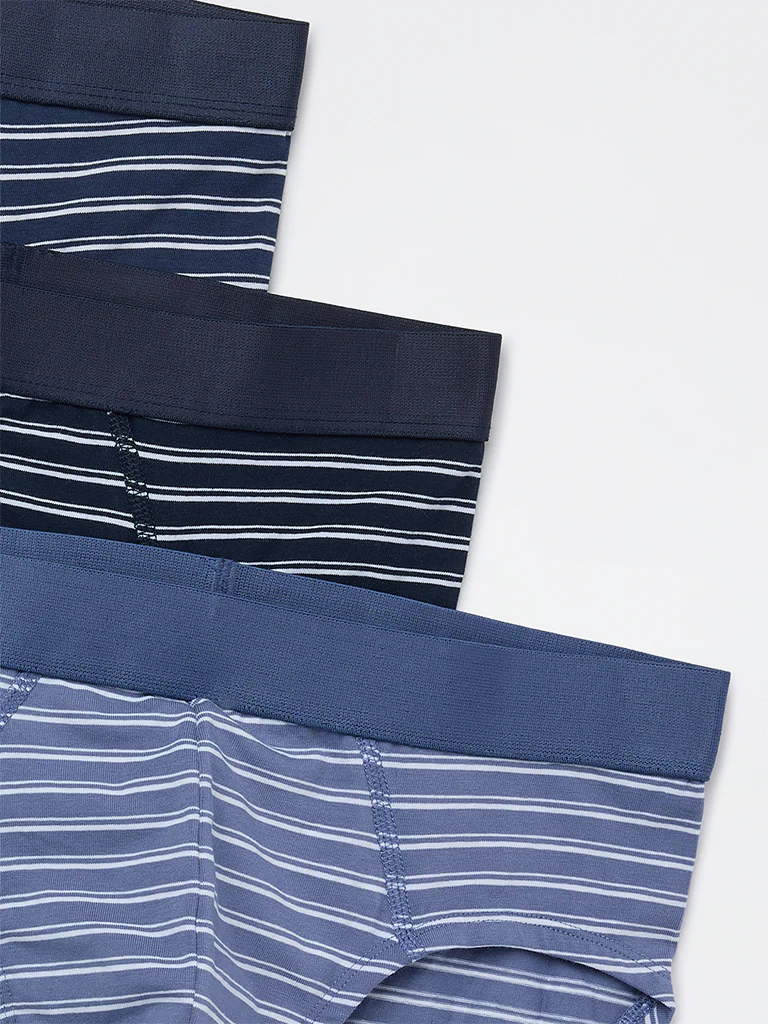 WES Lounge Blue Striped Cotton-Blend Briefs - Pack of 3 - Image 4