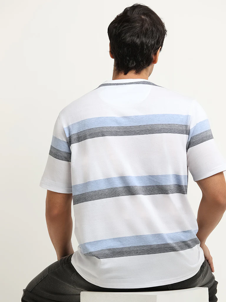 WES Lounge Blue Striped Cotton-Blend Relaxed Fit T-Shirt - Image 4