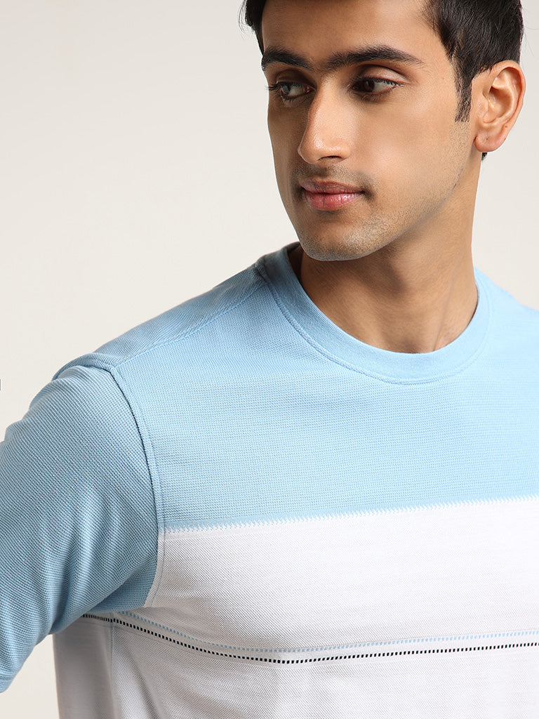 WES Lounge Blue Striped Cotton-Blend Relaxed Fit T-Shirt - Image 2