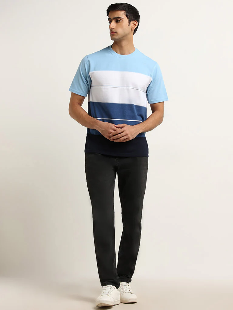 WES Lounge Blue Striped Cotton-Blend Relaxed Fit T-Shirt - Image 3