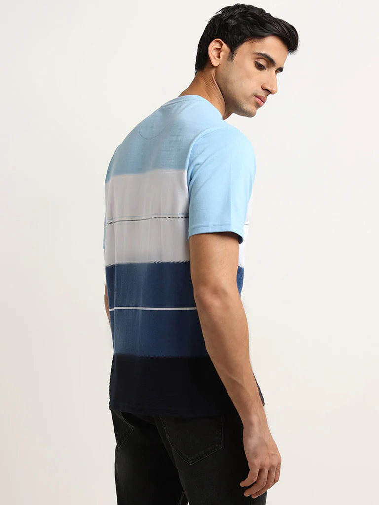 WES Lounge Blue Striped Cotton-Blend Relaxed Fit T-Shirt - Image 4