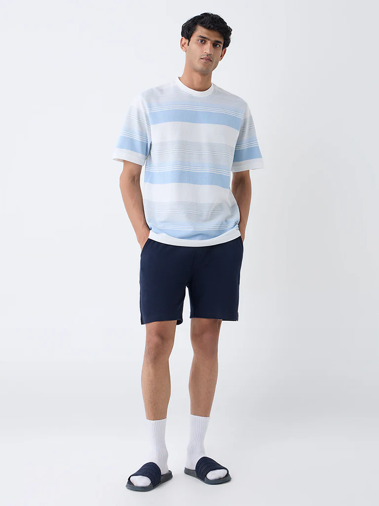 WES Lounge Blue Striped Relaxed-Fit Cotton T-Shirt - Image 2
