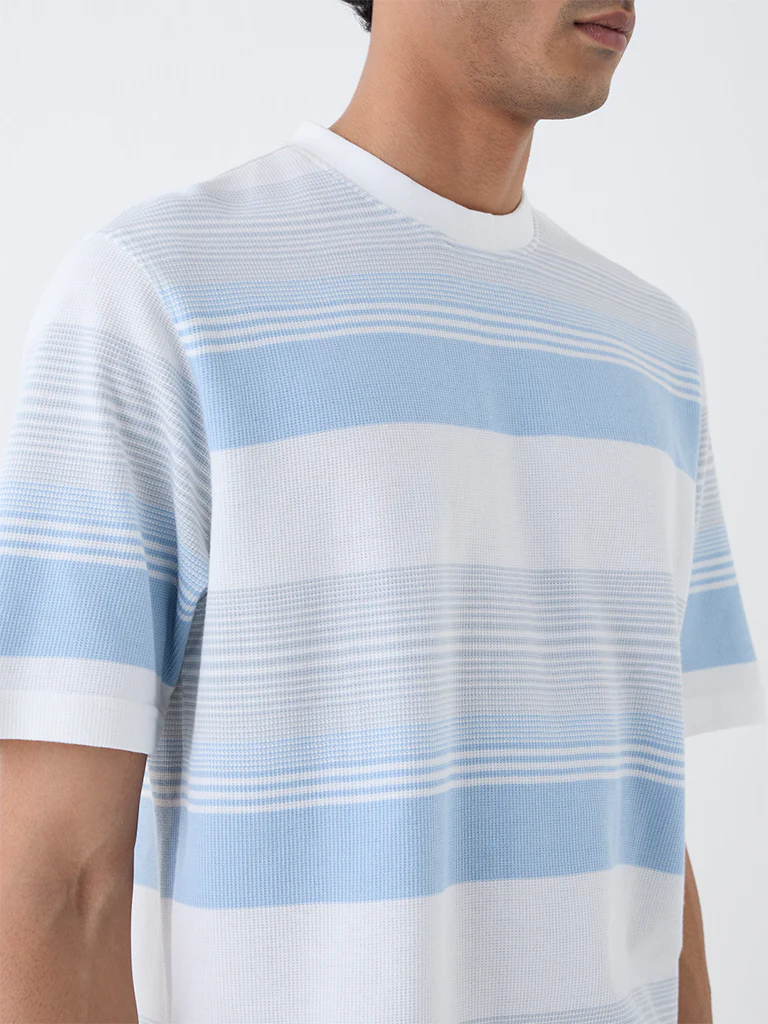 WES Lounge Blue Striped Relaxed-Fit Cotton T-Shirt - Image 3