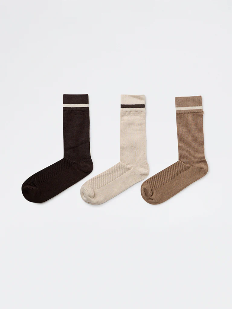 WES Lounge Brown Solid Cotton-Blend Full-Length Socks - Pack of 3