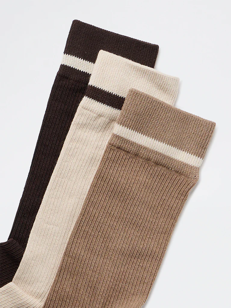 WES Lounge Brown Solid Cotton-Blend Full-Length Socks - Pack of 3 - Image 3