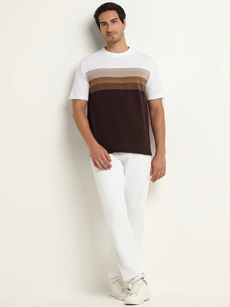 WES Lounge Brown Striped Cotton-Blend Relaxed Fit T-Shirt - Image 3