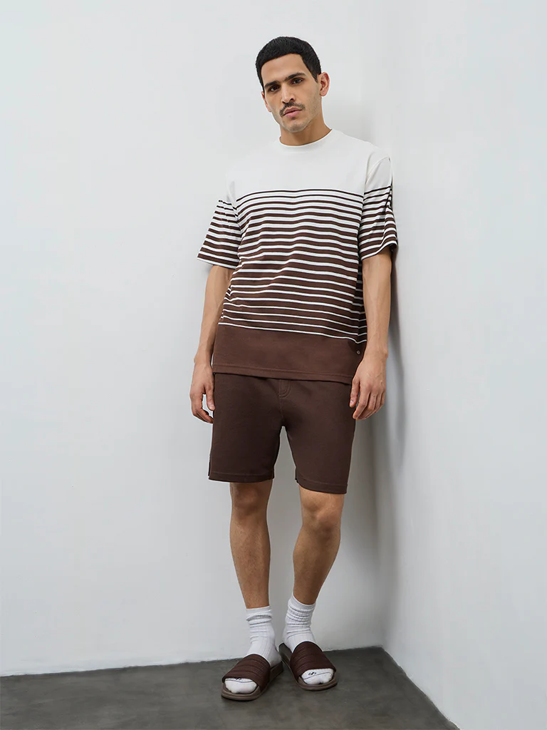 WES Lounge Brown Striped Relaxed-Fit Cotton-Blend T-Shirt - Image 2
