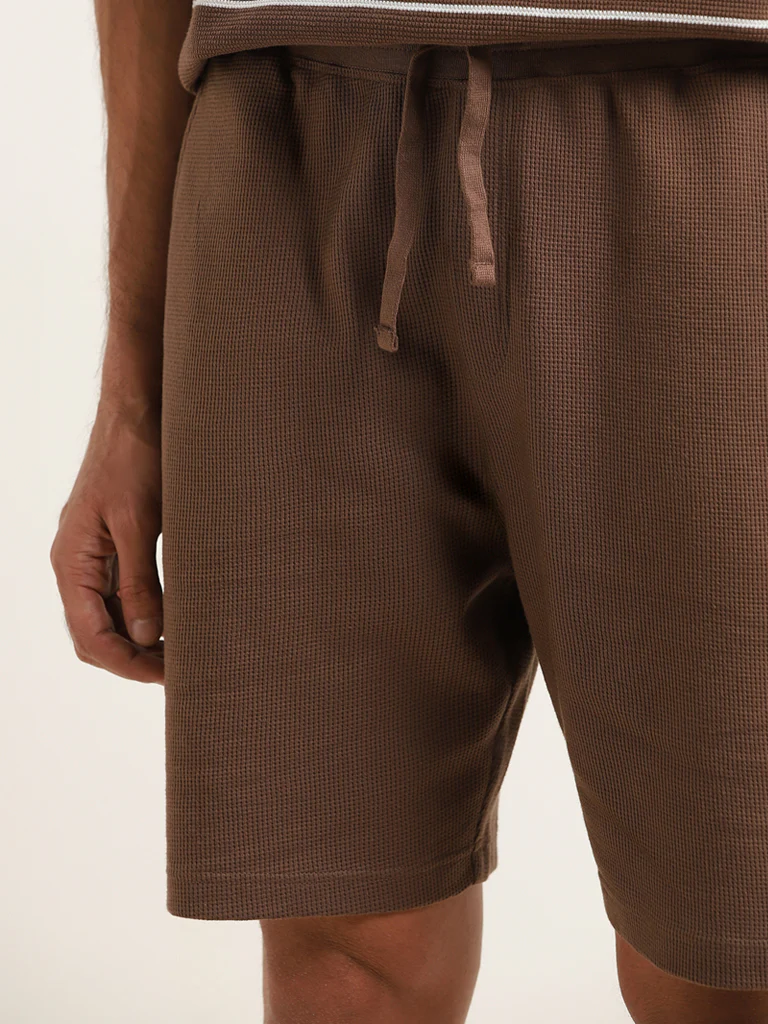 WES Lounge Brown Textured Cotton-Blend Relaxed Fit Shorts - Image 2