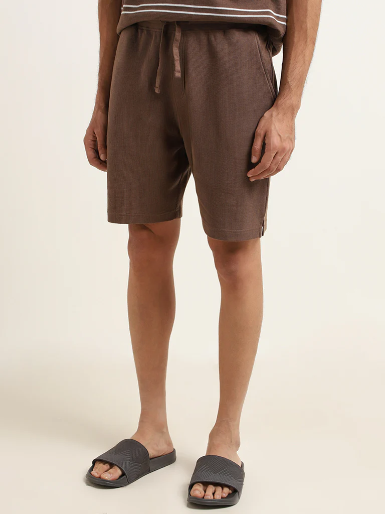 WES Lounge Brown Textured Cotton-Blend Relaxed Fit Shorts - Image 3