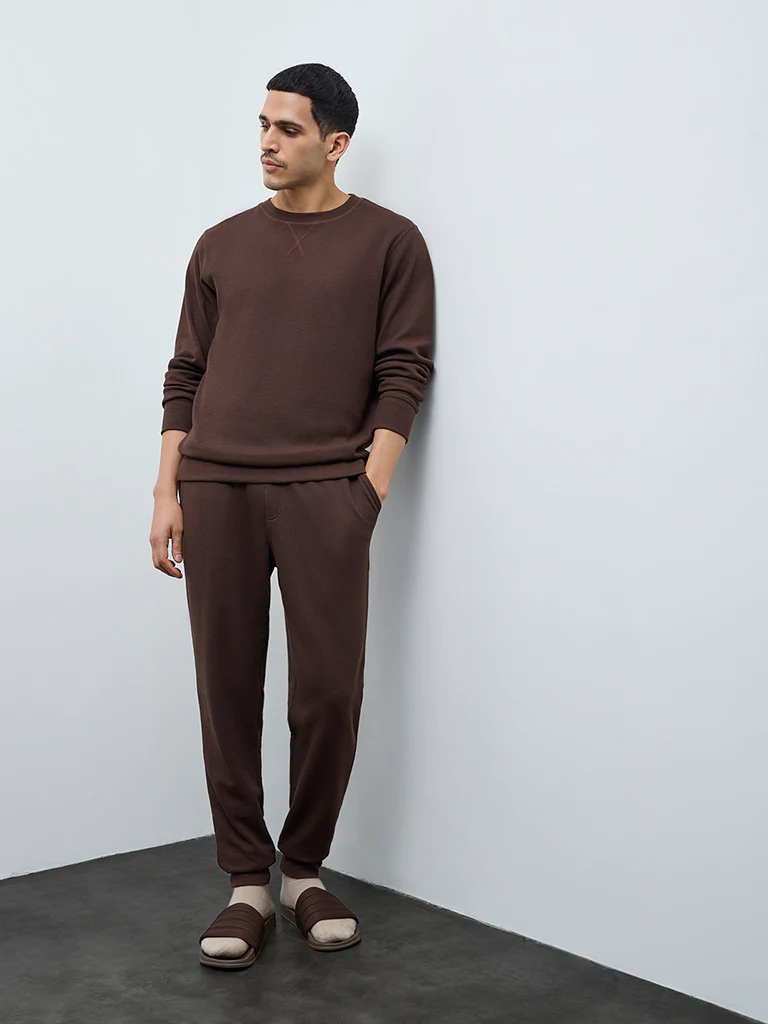 WES Lounge Brown Waffle-Textured Regular-Fit Cotton T-Shirt - Image 3