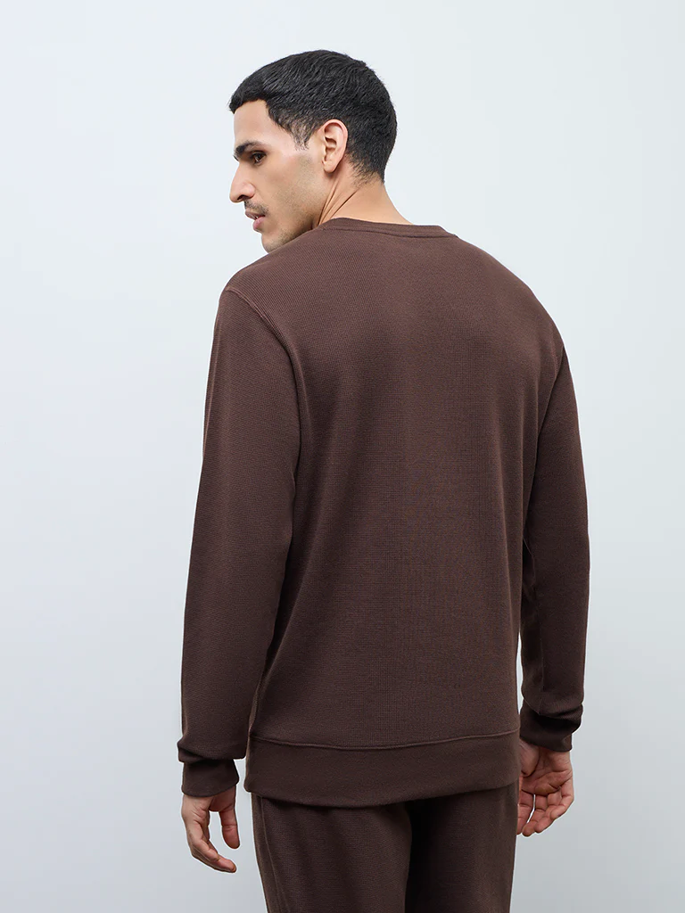 WES Lounge Brown Waffle-Textured Regular-Fit Cotton T-Shirt - Image 5