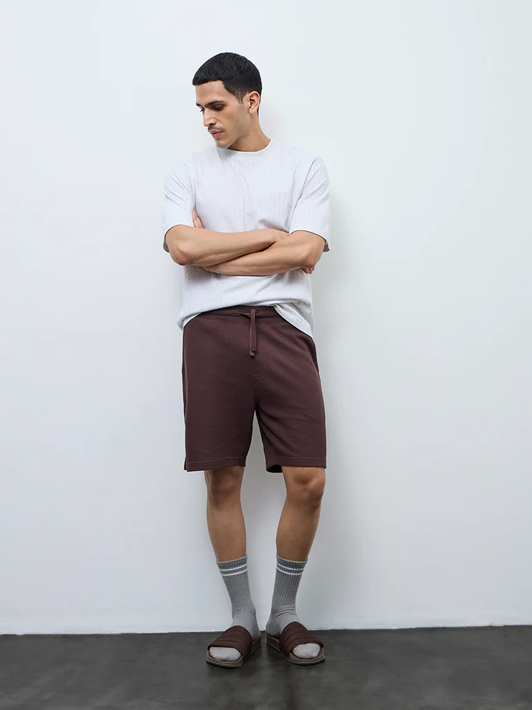 WES Lounge Brown Waffle-Textured Regular-Fit Mid-Rise Cotton-Blend Shorts
