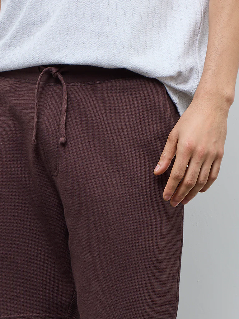 WES Lounge Brown Waffle-Textured Regular-Fit Mid-Rise Cotton-Blend Shorts - Image 4