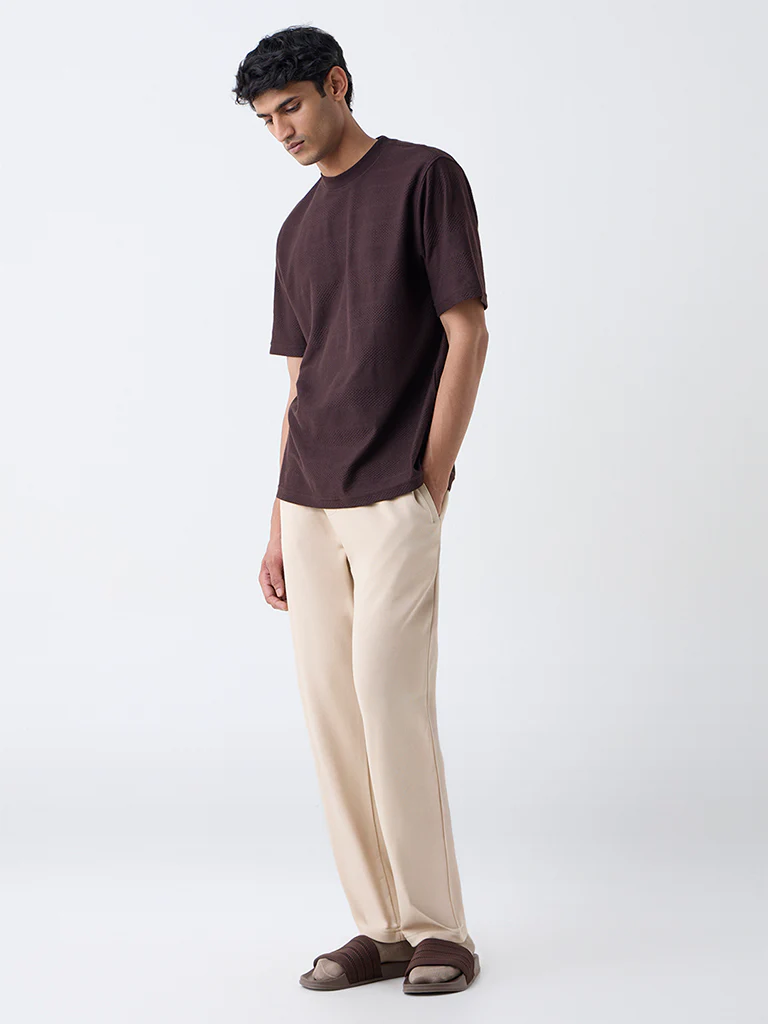 WES Lounge Dark Brown Self-Textured Relaxed-Fit T-Shirt - Image 3