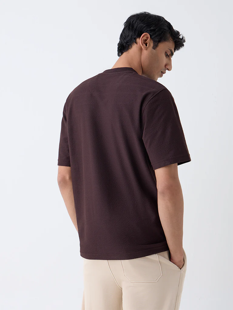 WES Lounge Dark Brown Self-Textured Relaxed-Fit T-Shirt - Image 5