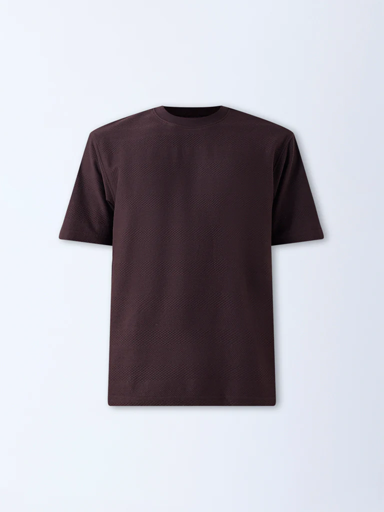 WES Lounge Dark Brown Self-Textured Relaxed-Fit T-Shirt - Image 6