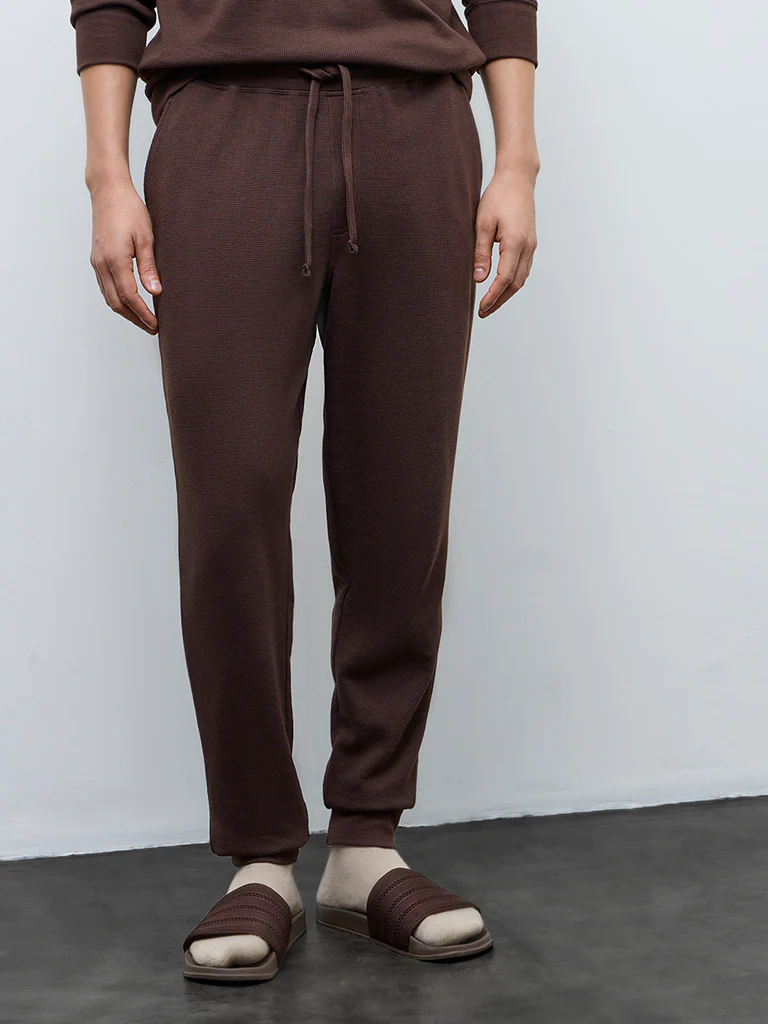 WES Lounge Dark Brown Waffle-Textured Relaxed-Fit Mid-Rise Cotton-Blend Joggers - Image 2