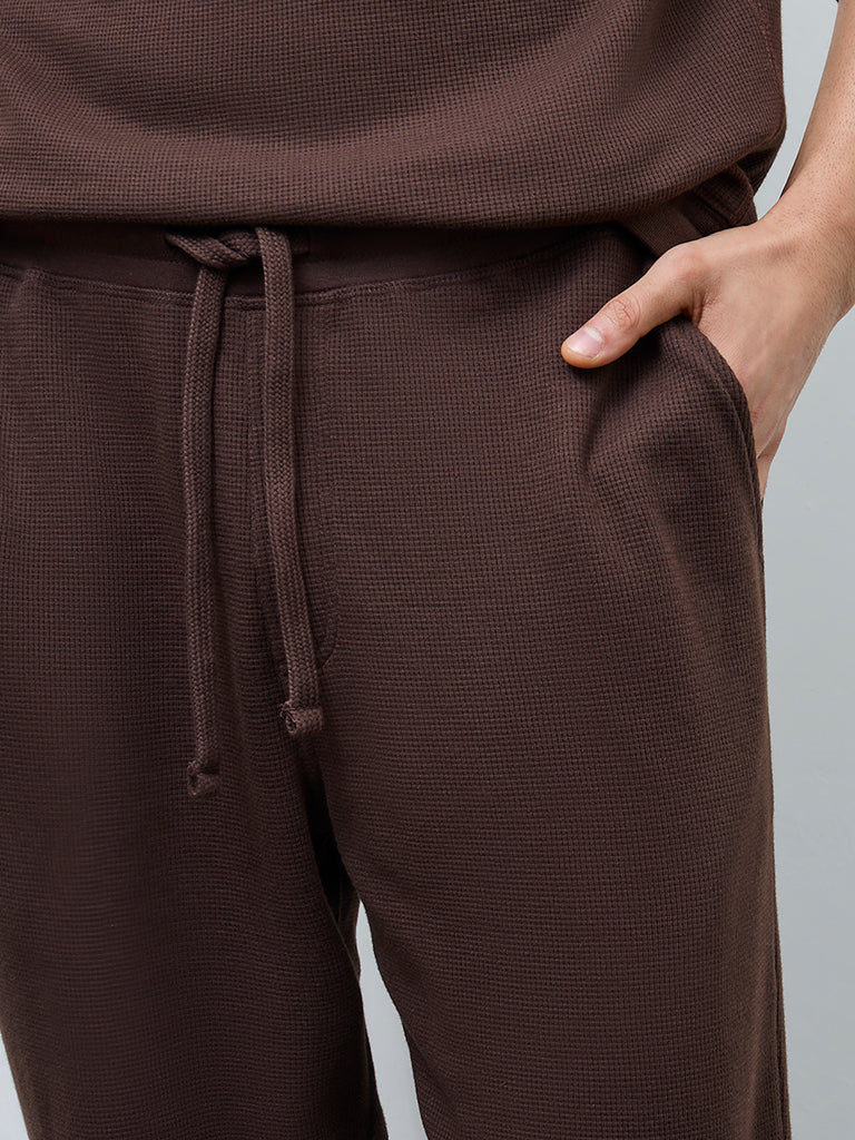 WES Lounge Dark Brown Waffle-Textured Relaxed-Fit Mid-Rise Cotton-Blend Joggers - Image 3