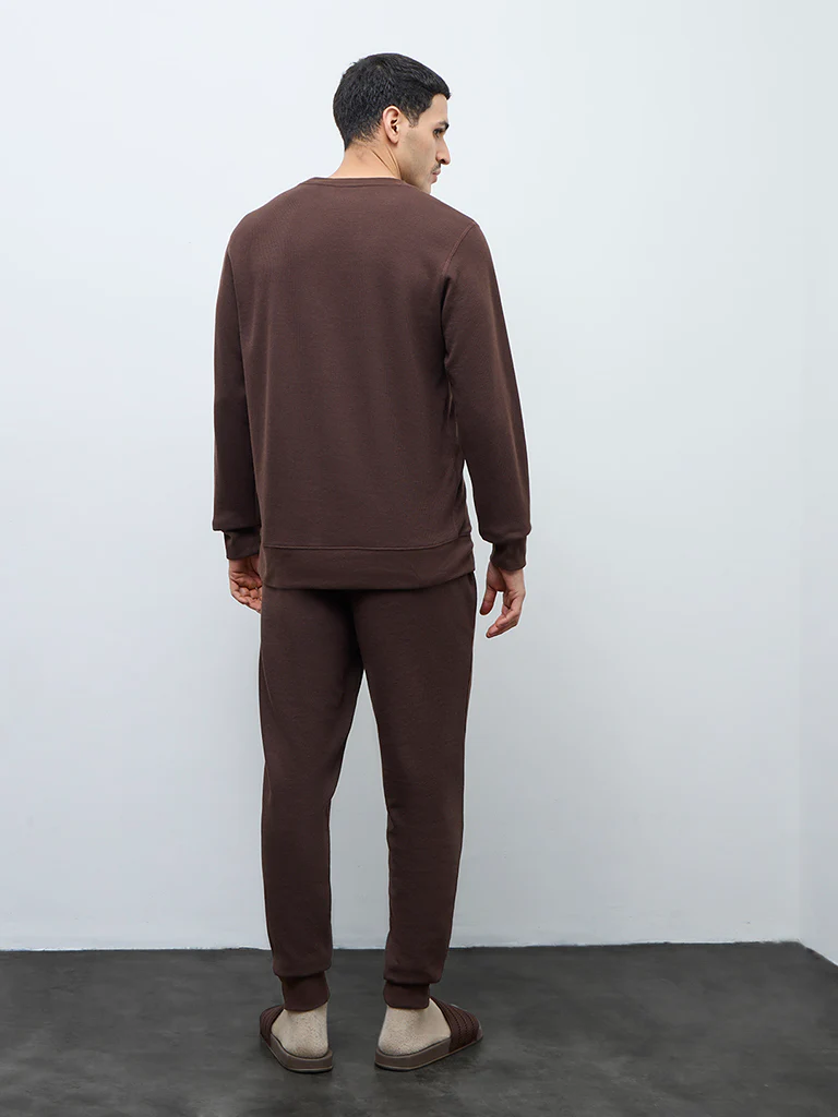 WES Lounge Dark Brown Waffle-Textured Relaxed-Fit Mid-Rise Cotton-Blend Joggers - Image 4